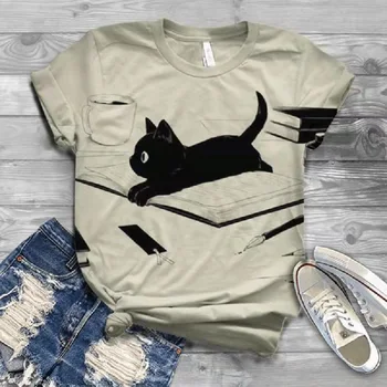 2022 Yeni 3D Baskı Sevimli Kedi Kısa Kollu Günlük gündelik giyim Yaz Üstleri kadın Polyester Kumaş Yuvarlak Boyun kadın T-shirt