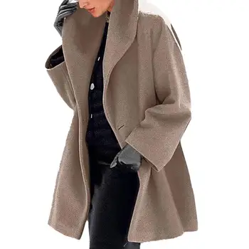 Kadın Yün Karışımları Ceket Uzun Hırka Turn-aşağı Yaka Yün Karışımları Düz Renk Tek Düğme Kadın Karışımları Ceket Üst Palto