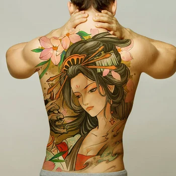 Tam geri dövme Buda sadakat Geyşa ejderha kaplan sazan tasarımları erkekler geçici dövme etiket büyük boy yeni vücut sanatı kız modeli