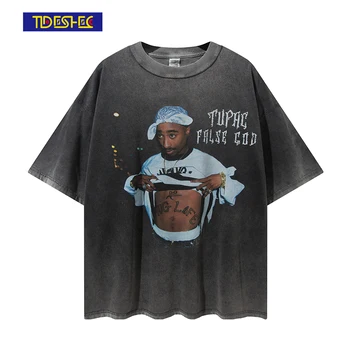 Erkekler Hip Hop Rap 2pac Grafik Baskı T Shirt Yaz Rahat Kısa Kollu T - shirt Üstleri Moda Tişörtleri Streetwear Vintage Tupac Tee