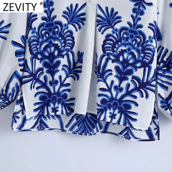 Zevity 2021 Kadınlar Vintage Mavi Totem Çiçek Baskı Önlük Bluz Ofis Bayanlar İş Rahat Gömlek Şık Gevşek Blusas Tops LS9468