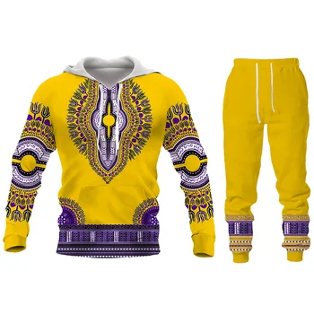 Afrika Baskı Kazak Hoodie ve Pantolon 2 parça Set erkek Marka Moda Eşofman Uzun Kollu Sonbahar Kış erkek giyim Takım Elbise