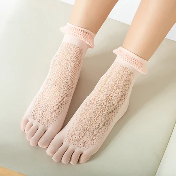 Kore çorap kadın Dantel Beş Parmak Ayak Çorap Naylon Yaz İnce Siyah Fishnet Ajur Sox Kadın Düz Renk Şeffaf Çorap