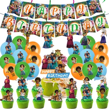 Disney Encanto Tema Parti Dekorasyon Masa Örtüsü Kağıt Afiş Kek Topper Lateks Balonlar Çocuklar Doğum Günü Malzemeleri Seti Bebek Duş