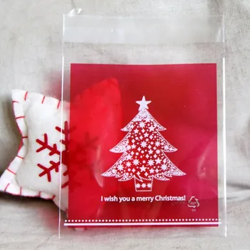 100 adet / grup Kırmızı Noel ağacı ambalaj çanta hediye çantası kendinden yapışkanlı plastik torba şeker çantası 10x11 cm