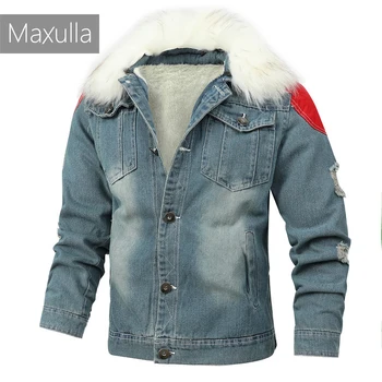 Maxulla erkek Kot Ceket Kürk Yaka Kış Erkek Pamuk-yastıklı Rahat Ceket Erkek demin Motosiklet Giyim Mla072