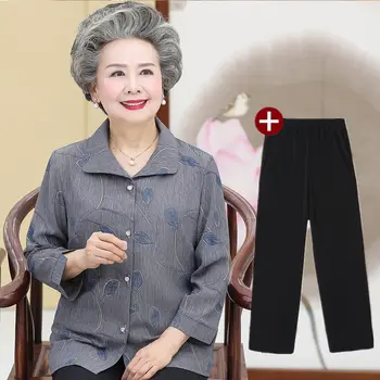 Fdfklak XL-5XL Bahar Güz İki Parçalı Set Kadın Yeni Orta Yaşlı Yaşlı Anne Düğmeleri Gömlek Pantsuits Gevşek Büyükanne Kıyafet Suit