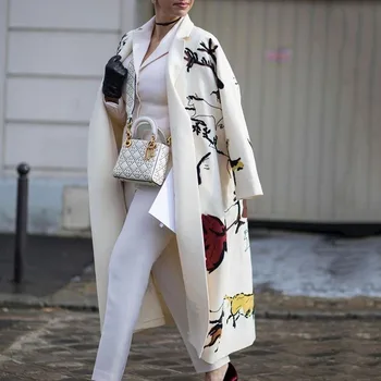 Kadın Sonbahar Kış Baskı Mizaç Orta uzunlukta Kalın Yün Uzun kollu kadın ceketi Trend Moda Yün Ceket