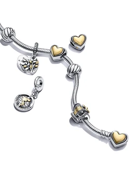 Volayer 925 Ayar Gümüş Boncuk Kubbeli Altın Kalp Charm fit Orijinal Pandora Bilezikler Kadınlar Takı Yapımı doğum günü hediyesi