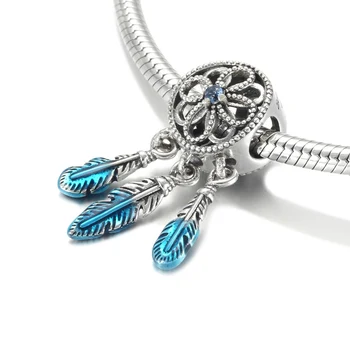 S925 Gümüş Kolye Boncuk DIY Takı Mavi Dreamcatcher Dangle Charm fit kadın bileziği Bileklik Bayan Hediye