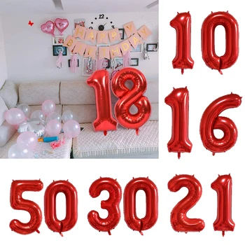 32in Kırmızı Dev Jumbo Numarası Folyo Mylar Balonlar Doğum Günü Partisi Malzemeleri için 16/18/20/30/40 / 60th Yıldönümü Etkinlikleri Süslemeleri