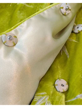 Yeşil Çin Tarzı İpek + Kadife Kalın Pamuklu Ceket Kadın Kış Yeni Standı Yaka Raglan Kollu Retro Nakış Ceket S-XL