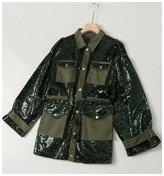 Şık Ordu Yeşil Kargo Ceket Bayanlar Uzun Kollu Casual Streetwear Rüzgarlık Belli Pullu Ceket Cep