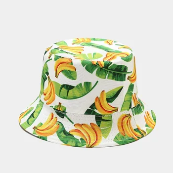 2021 Bahar Yeni Muz Baskı Kova Şapka Karpuz İki Tarafı Geri Dönüşümlü Yaz Şapka Kadınlar için Eğlence Güneş Koruyucu Panama Bob Şapka
