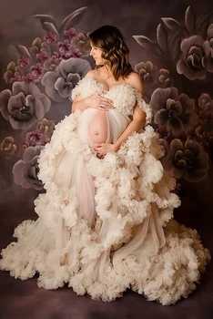 Güzel Kabarık Tül hamile elbiseleri Kadın Elbiseler Fotoğraf Çekimi için Kapalı Omuz Ruffled Gelin Fotoğraf Hamile Kıyafetleri Özel