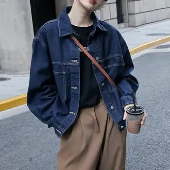 Temel Ceketler Kadın Denim Serin Kızlar Vintage Hipsters Mont Turn-aşağı Yaka Katı Dış Giyim Harajuku Streetwear Moda İddialı Bf