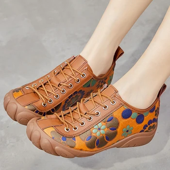 GKTINOO 2022 Baskı Kadın Ayakkabı Gerçek Deri Moda Flats ayakkabı Kadın Dantel-Up Rahat Günlük Bahar Bayan Ayakkabı Boyutu 35-40