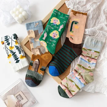 2022 Kadın Çorap Retro Geometrik Karikatür Hayvan Baskı Vintage Çorap Kawaii Calcetines Haraujuku Komik Renkli Paten Çorap