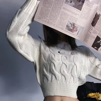 Hirigin Sonbahar Kış Vintage Katı Büküm Kırpılmış Kazak Seksi Yuvarlak Yaka Uzun Kollu Kısa Jumper Y2K Serin kız Streetwear