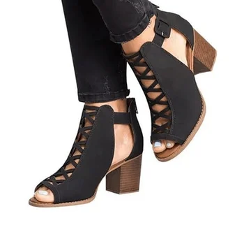 Comemore 2021 Yeni Bahar Yaz Seksi Rahat Roma yarım çizmeler Bayanlar Sandalet kadın ayakkabısı Orta Yüksek Topuklu Büyük Boy 43 Siyah