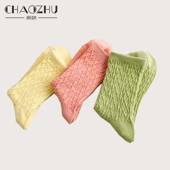 CHAOZHU 2022 Yeni Bahar Macaron Dondurma Rengi Yeşil Pembe Sarı Büküm Doku Yumru Moda Pamuklu Kadın Çorap