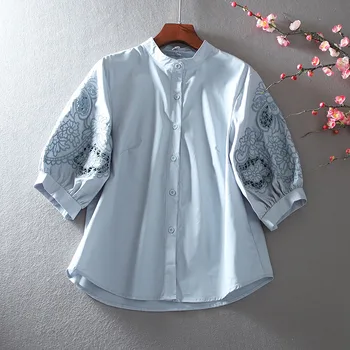 SuperAen 2021 Avrupa Moda Fener Kollu Moda İçi Boş Nakış Gevşek Standı Yaka kadın gömleği Bluz Yaz