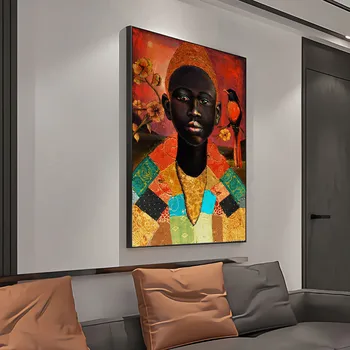 Tuval Boyama Altın Hayat Afrika Resimleri Posterler ve Baskılar Siyah Kadın Kuş Oturma Odası İçin Tuval Resimleri Duvar Sanatı
