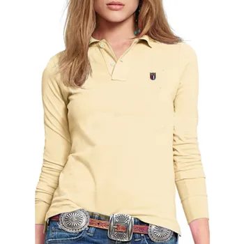 Moda Yeni Bayan Polo Gömlek Nakış Logo Rahat Düz Renk Bayanlar Yaka Tees Uzun Kollu Ince Pamuklu Kadın Üstleri S-4XL