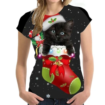 Noel 3D Baskı Sıcak Satış kadın T-Shirt Düzenli Yaz Rahat Kısa Kollu Gömlek Güzel O-Boyun Grafik Tees Kadın Üst