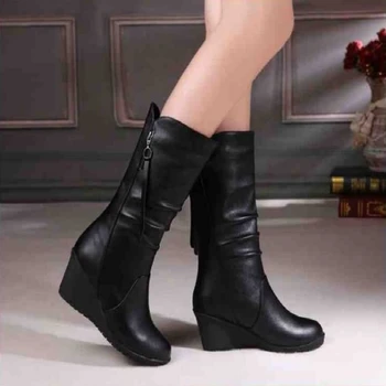 2020 Kış sıcak Kürk Çizmeler Bayan Botları Yüksek Topuklu Yan Fermuar kadın ayakkabısı Siyah Kadın Çizmeler Ayakkabı Kama Çizmeler Ayakkabı Kadın