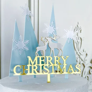 Kar tanesi Noel Ağacı Akrilik Merry Christmas Kek Toppers Altın Elk Noel Kek Topper Aile Noel Partisi Kek Süslemeleri