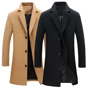Sonbahar Kış Moda erkek Yün Palto Düz Renk Tek Göğüslü Yaka Uzun Ceket Ceket Rahat Palto Artı Boyutu 5 renkler