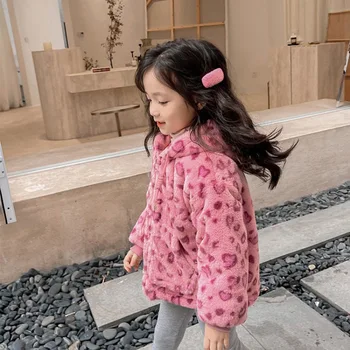 Kızlar Kış Kapşonlu Ceket Bulanık Kalın Sıcak Pembe Leopar Baskı Ceket 3-7 Yıl Çocuk Fermuar Pembe Giyim Giysi