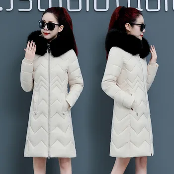 Kış Ceket Kadınlar Kore Versiyonu Orta uzunlukta İnce Büyük Kürk Yaka Kalınlaşmak Sıcak Tutmak Geri Çekin pamuklu ceket Ceket
