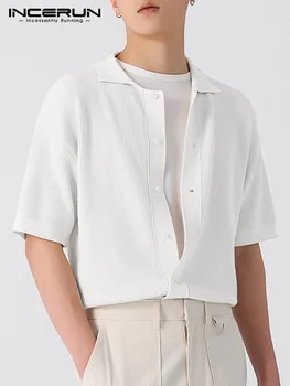 Erkekler Casual Gömlek Düz Renk 2022 Yaka Kısa Kollu Düğme Eğlence Erkek Giyim Streetwear Örme Kore Gömlek S-5XL INCERUN