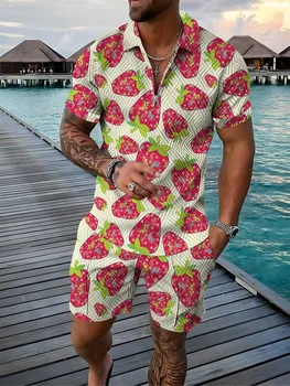 2022 Hawaii Fermuar Polo Seti erkek Plaj POLO GÖMLEK kısa kollu tişört ve Şort Moda spor elbise Rahat Sokak 2 Parça Setleri