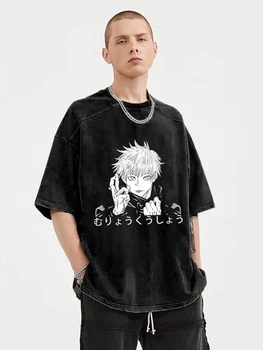 Erkekler Hip Hop Streetwear Boy yıkanmış tişört japon animesi Grafik T Shirt Yaz Kısa Kollu Harajuku Pamuk Tshirt Siyah