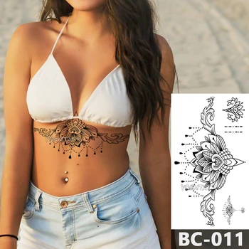 1 Sayfalık Göğüs Vücut Dövme Geçici Su Geçirmez Takı Dantel Totem Lotus Mandala dövme Çıkartma Bel Sanat Dövme Etiket Kadın