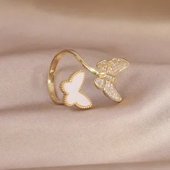 Yeni moda takı 14K Gerçek Altın Kaplama Çift Kelebek Akrilik Zirkon Yüzük Zarif kadın Günlük Açılış Ayarlanabilir Yüzük