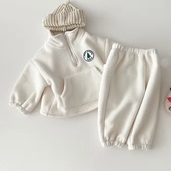 Bebek ve küçük çocuklar artı kadife kalın moda elbise kış yeni stil polar orta yüksek yaka pantolon iki parça takım elbise