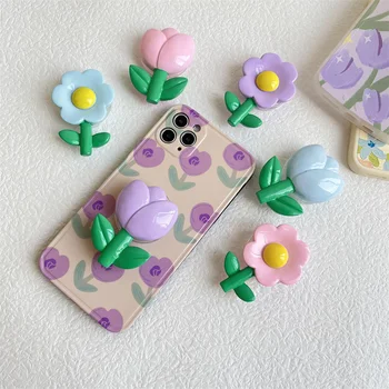 3D Lale telefon tutucu Griptok Küçük Taze Çiçekler Yapışabilir telefon standı Katlanabilir telefon tutamağı iPhone Samsung Telefon Aksesuarları için
