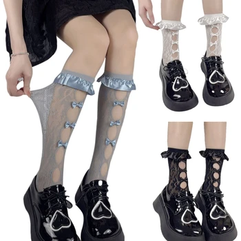 Kadın Gotik Lolita Fishnet Mesh diz üstü çorap Tatlı fırfır etekli Hollow Out Strappy Kadife İlmek Buzağı Çorap