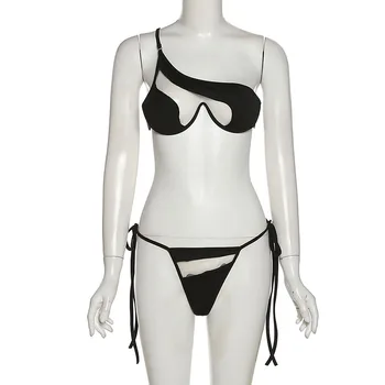 Plaj Kadın Bikini 2 Parça Set Seksi Mesh Patchwork Bir Omuz Sutyen Üst Bandaj Kısa Tatil Mayo Yaz Mayo 2022