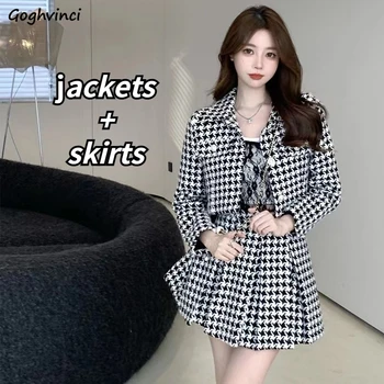 Setleri Kadın Mizaç Vintage Chic Ekose Mini Etek Kırpma Ceketler Klasik Tatlı Kız Öğrenci Kore Tarzı Kıyafetler Moda BF