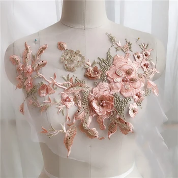 1 Adet 3D Çiçek Nakış Dantel Trim Gelin Düğün Aplike Boncuklu İnci Tül DIY Dikiş Trimler Düğün Dekorasyon