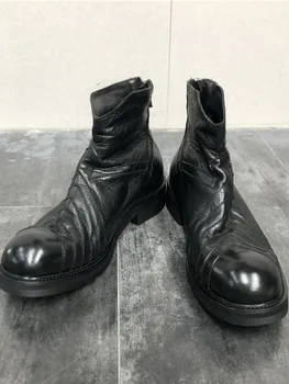 Yeni Tasarımcı Erkekler Gotik Hakiki Deri yarım çizmeler Blok Topuklu Yuvarlak Ayak Yüksek Üst Motosiklet Güvenlik Ayakkabıları Özelleştirilmiş 15 Gün