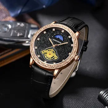 KIMSDUN marka yeni ERKEK saatler oyma ay fazı yüksek dereceli erkek quartz saat Büyük Arama Deri Kayış moda erkek Kol Saati