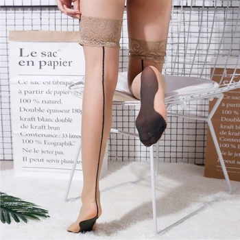 20D Dantel Üst Şeffaf Çorap Vintage Patchwork Küba Topuk Geri Dikiş Uyluk Yüksek Çorap Kadınlar Seksi Cosplay Çorap