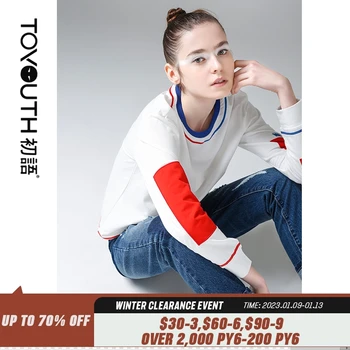 Toyouth Kadın T-Shirt Sonbahar Patchwork Hit Renk Uzun Kollu Bluz Casual Gevşek Yuvarlak Boyun Temel Üstleri Pamuklu Gömlek