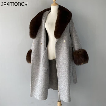 Jaxmonoy Kadınlar Kış Kaşmir Ceket 100 % Gerçek Tilki Kürk Yaka ve Manşetleri Moda Sıcak Uzun Siper Kemer Ince Katı Giyim Yeni